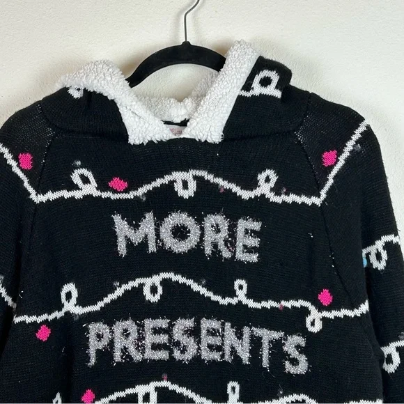 Christmas Sweater Hoodie Knit Sherpa Silver Lettering Pom Poms - Picture 5 of 14